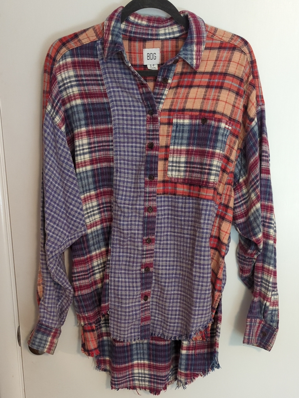 BDG Patchwork Plaid Flannel Button-Down Shirt - Purple & Orange